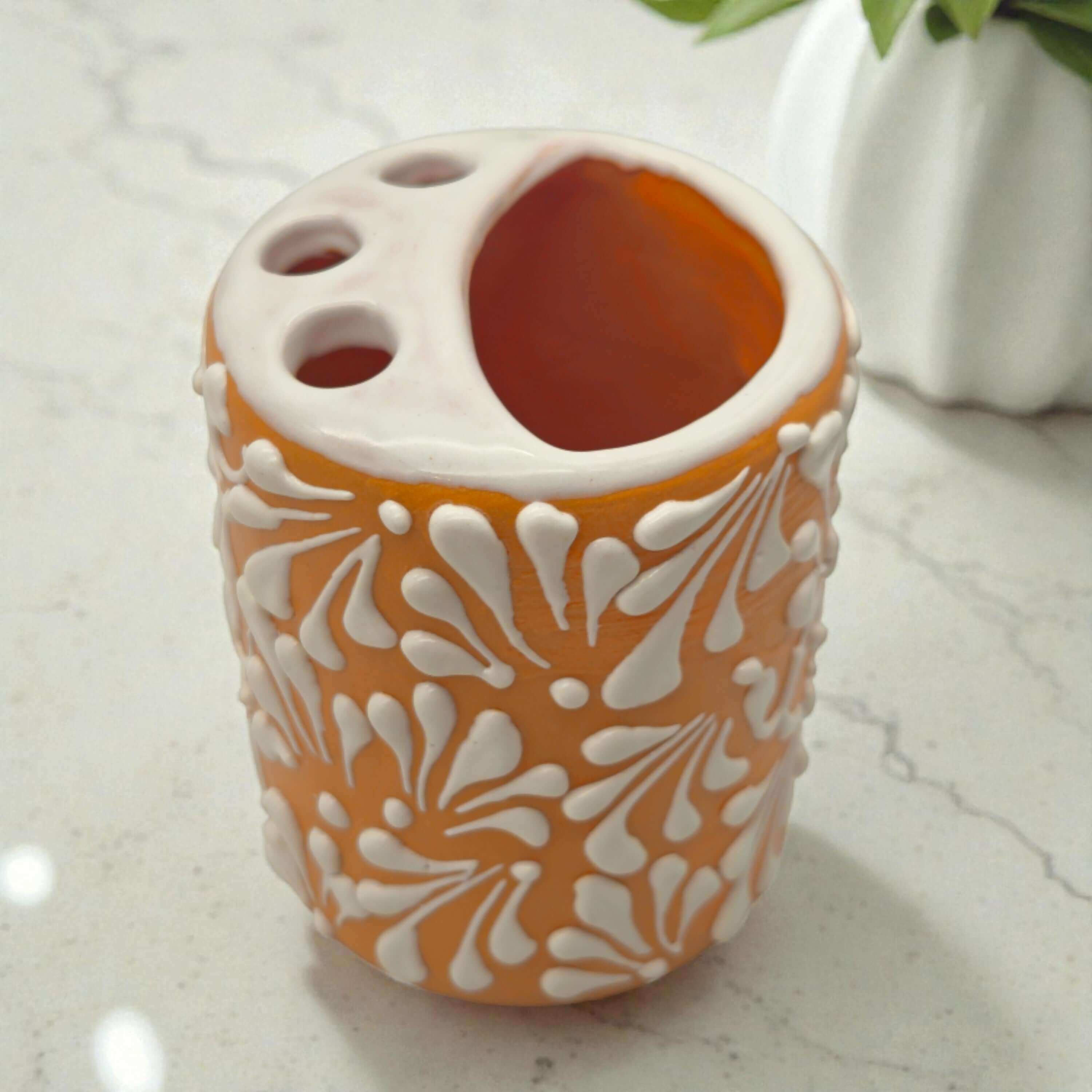 Portacepillos de dientes Talavera Naranja Marrón | Decoración de cerámica mexicana