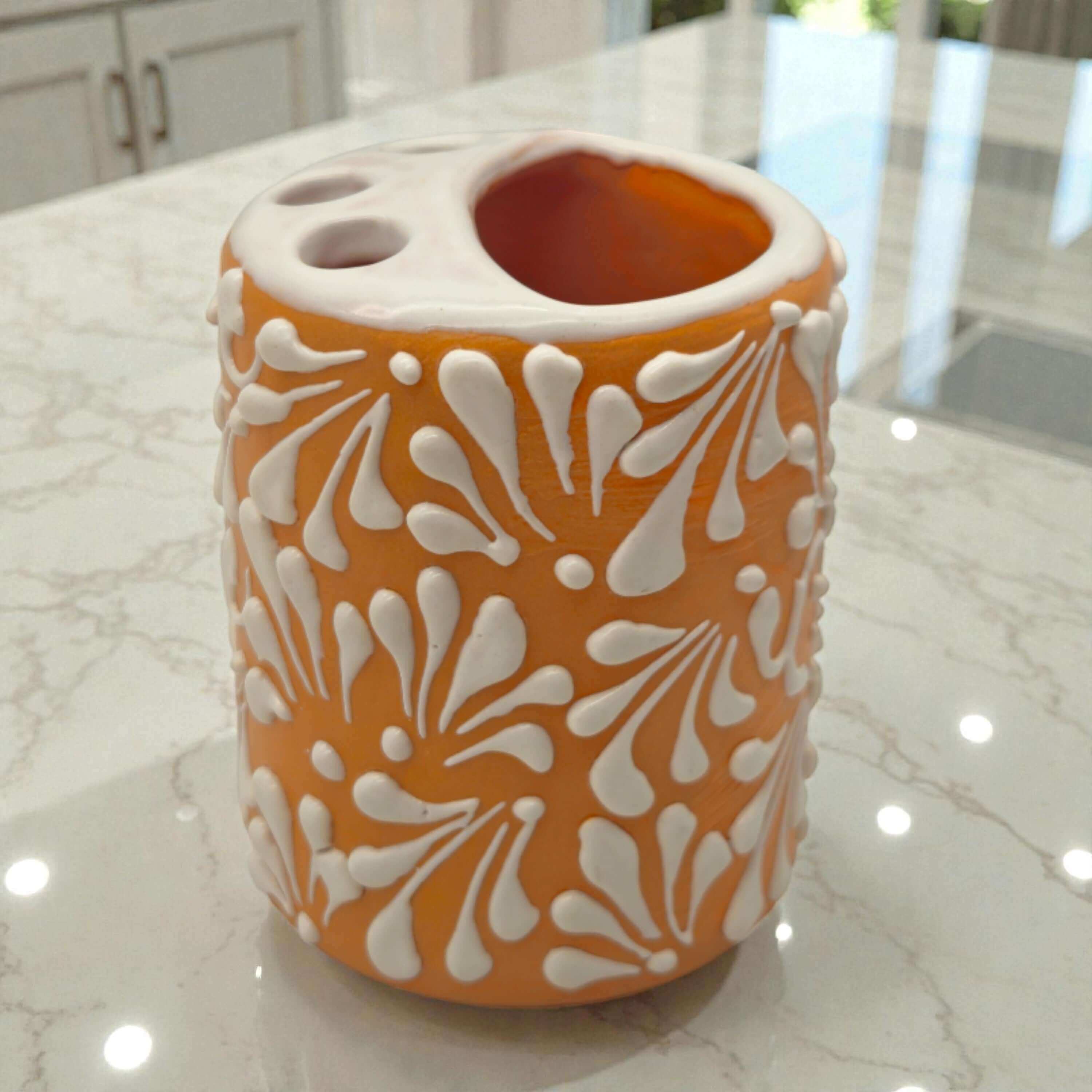 Portacepillos de dientes Talavera Naranja Marrón | Decoración de cerámica mexicana