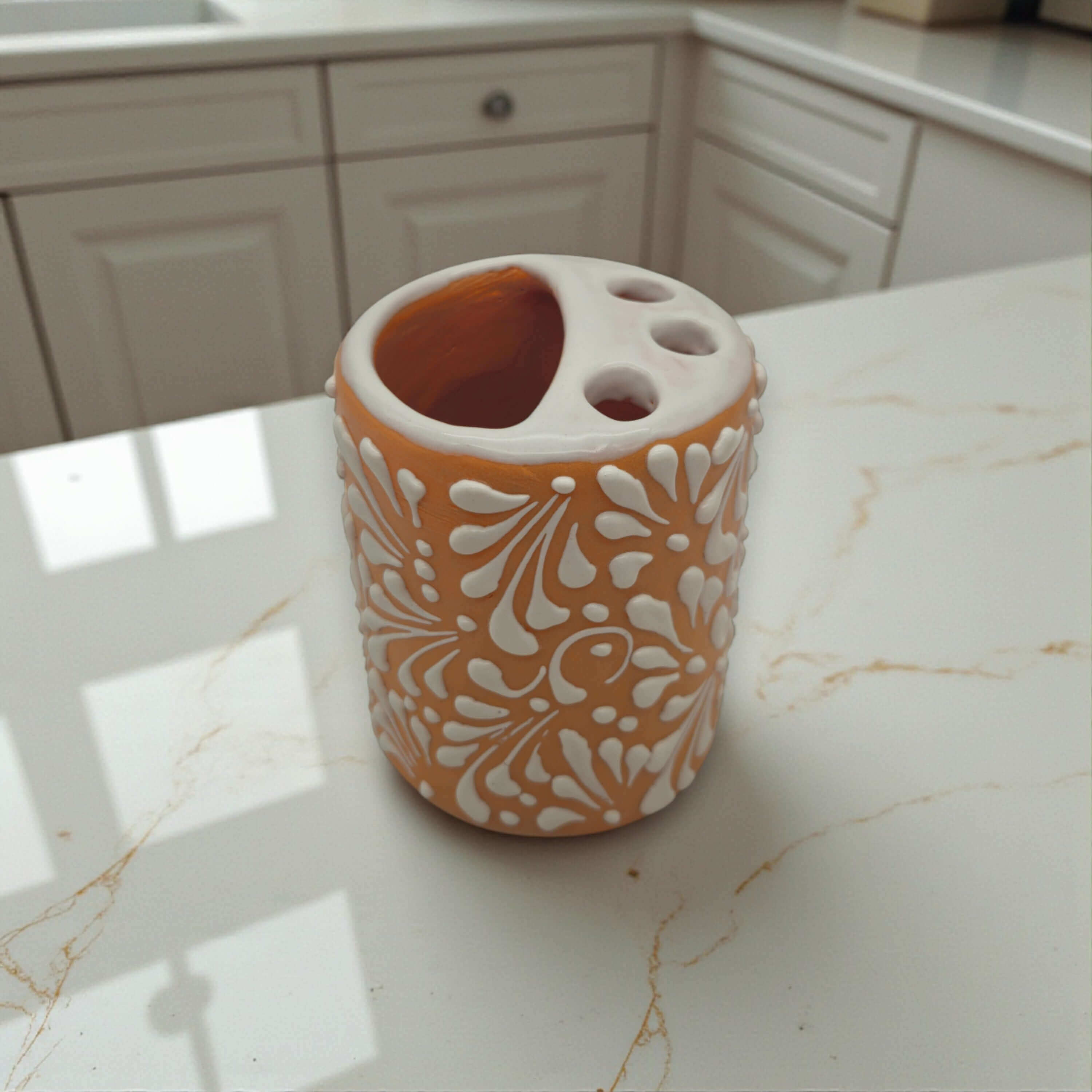 Portacepillos de dientes Talavera Naranja Marrón | Decoración de cerámica mexicana