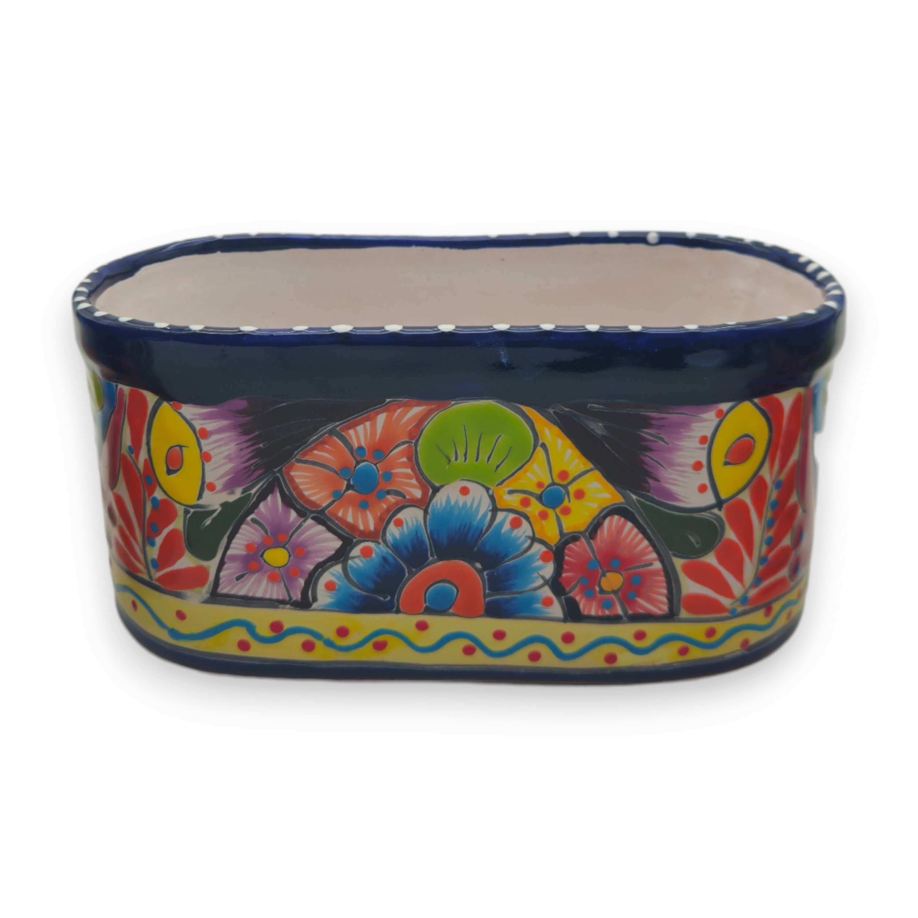 Maceta Talavera Ovalada Azul con Borde | Maceta Mexicana Hecha a Mano