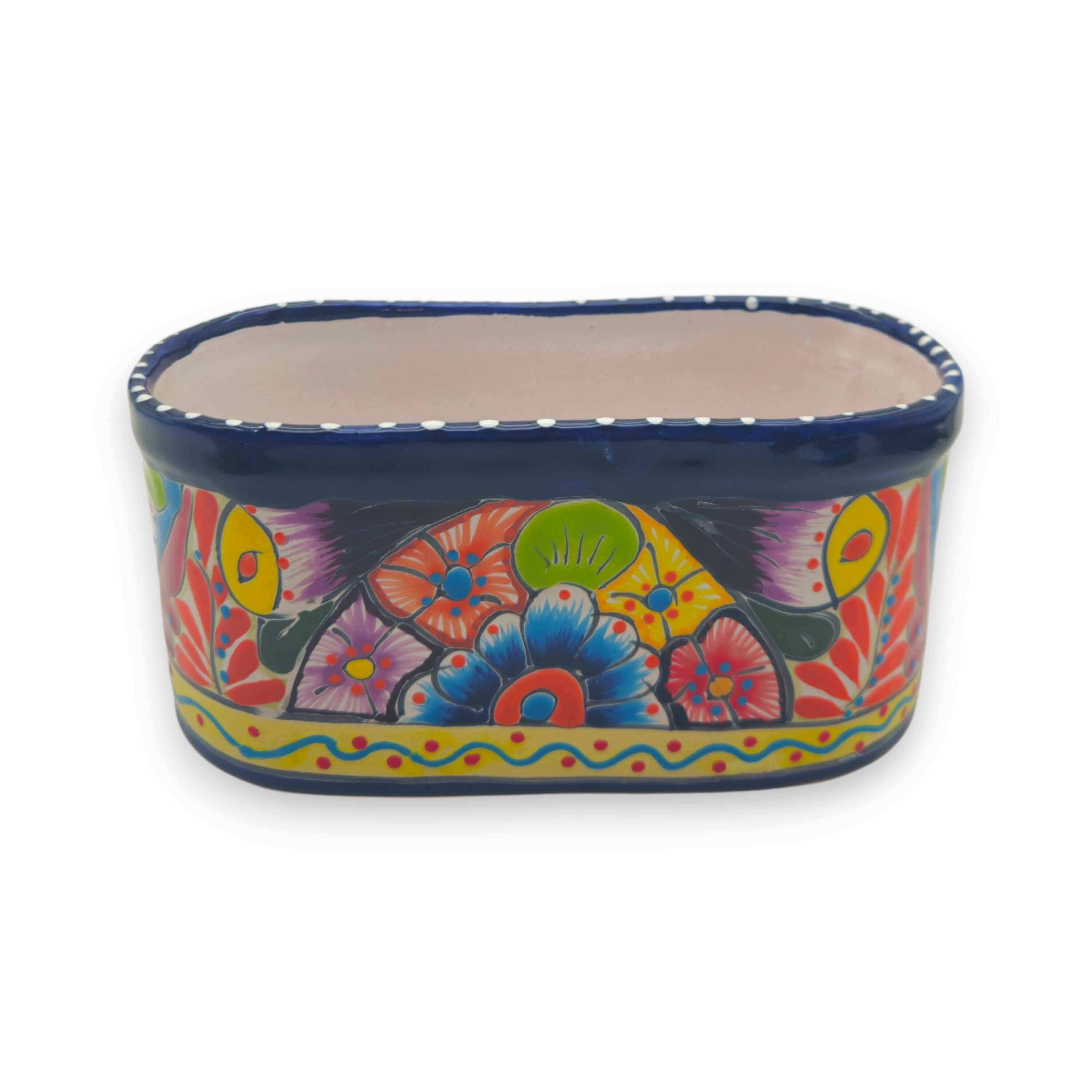 Maceta Talavera Ovalada Azul con Borde | Maceta Mexicana Hecha a Mano