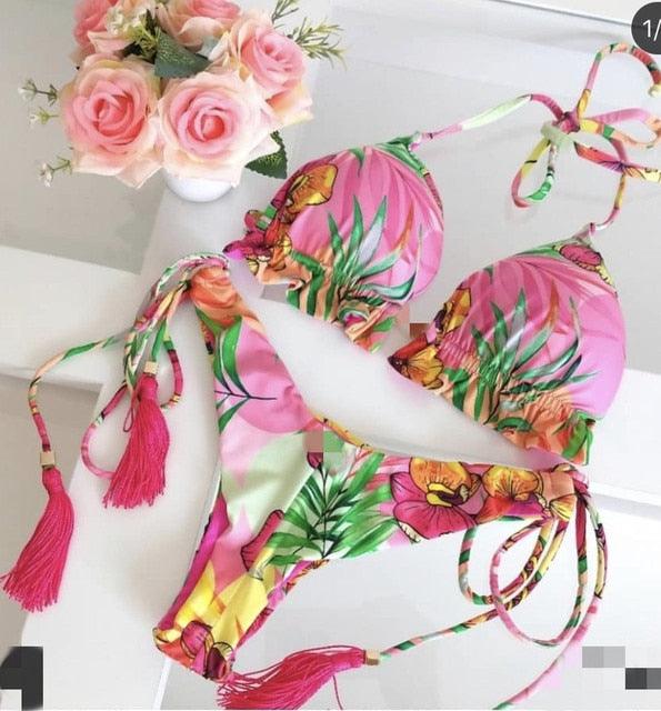 Popular Women's Beachwear Bikini Set Swimwear Push-Up Padded Swimsuit Floral Bikini Set Low Rise Ruffled Two Pieces Swimsuit Push Up Bathing Suit Swimwear