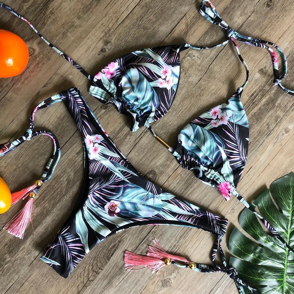Popular Women's Beachwear Bikini Set Swimwear Push-Up Padded Swimsuit Floral Bikini Set Low Rise Ruffled Two Pieces Swimsuit Push Up Bathing Suit Swimwear