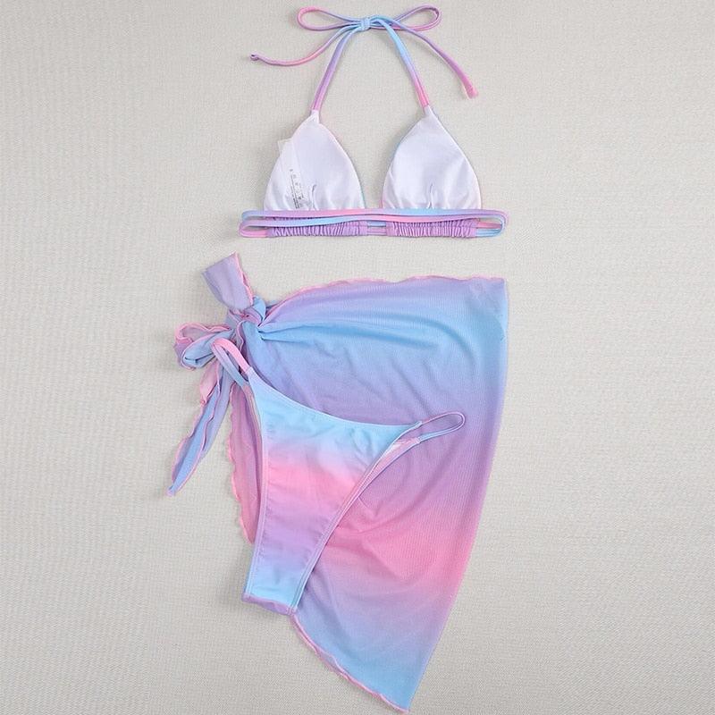 Print Swimsuit 3 Piece Mesh Bikini Set Women's Ribbed Floral Bikini Set Tie Side Swimsuit Cover Ups Daisy Butterfly Print Three Piece Bikini Swimwear Triangle Micro Bikini String Halter Swimwear Women Low Waist Bathing Suit