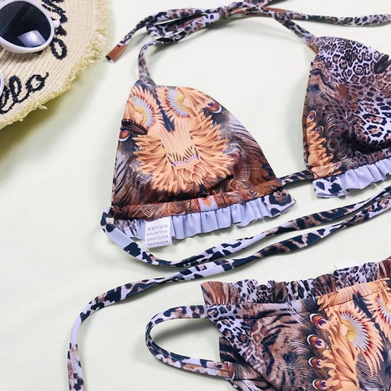 Print Swimsuit 3 Piece Mesh Bikini Set Women's Ribbed Floral Bikini Set Tie Side Swimsuit Cover Ups Daisy Butterfly Print Three Piece Bikini Swimwear Triangle Micro Bikini String Halter Swimwear Women Low Waist Bathing Suit