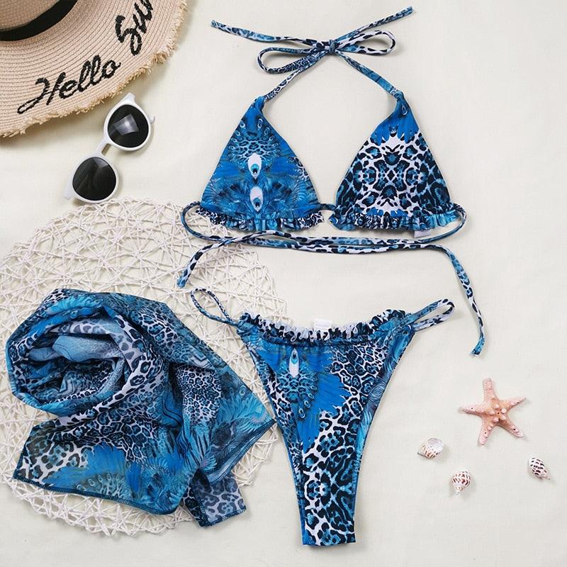 Print Swimsuit 3 Piece Mesh Bikini Set Women's Ribbed Floral Bikini Set Tie Side Swimsuit Cover Ups Daisy Butterfly Print Three Piece Bikini Swimwear Triangle Micro Bikini String Halter Swimwear Women Low Waist Bathing Suit