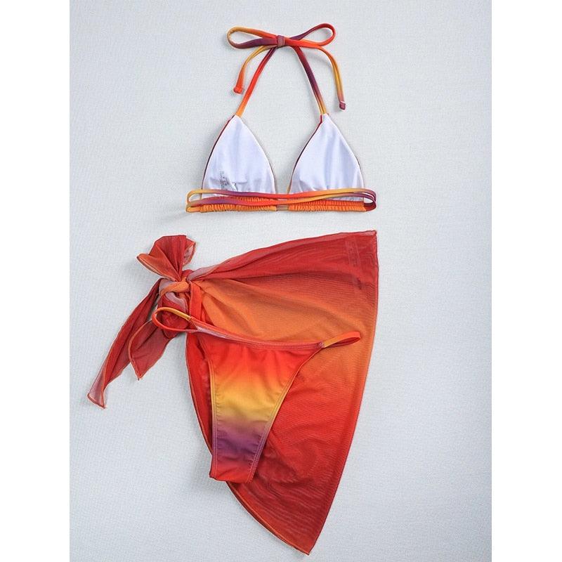 Print Swimsuit 3 Piece Mesh Bikini Set Women's Ribbed Floral Bikini Set Tie Side Swimsuit Cover Ups Daisy Butterfly Print Three Piece Bikini Swimwear Triangle Micro Bikini String Halter Swimwear Women Low Waist Bathing Suit