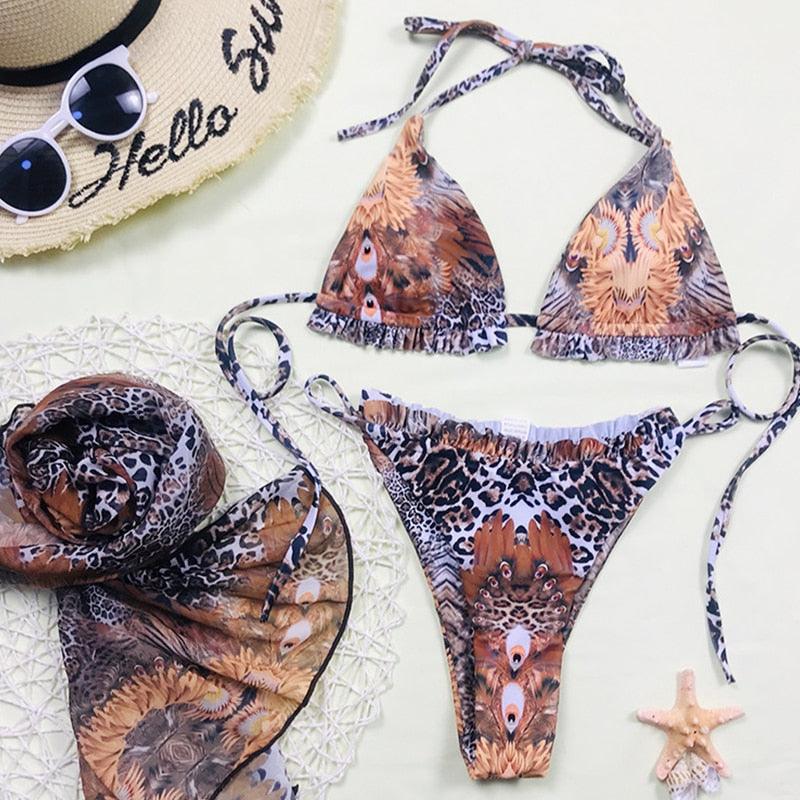 Print Swimsuit 3 Piece Mesh Bikini Set Women's Ribbed Floral Bikini Set Tie Side Swimsuit Cover Ups Daisy Butterfly Print Three Piece Bikini Swimwear Triangle Micro Bikini String Halter Swimwear Women Low Waist Bathing Suit