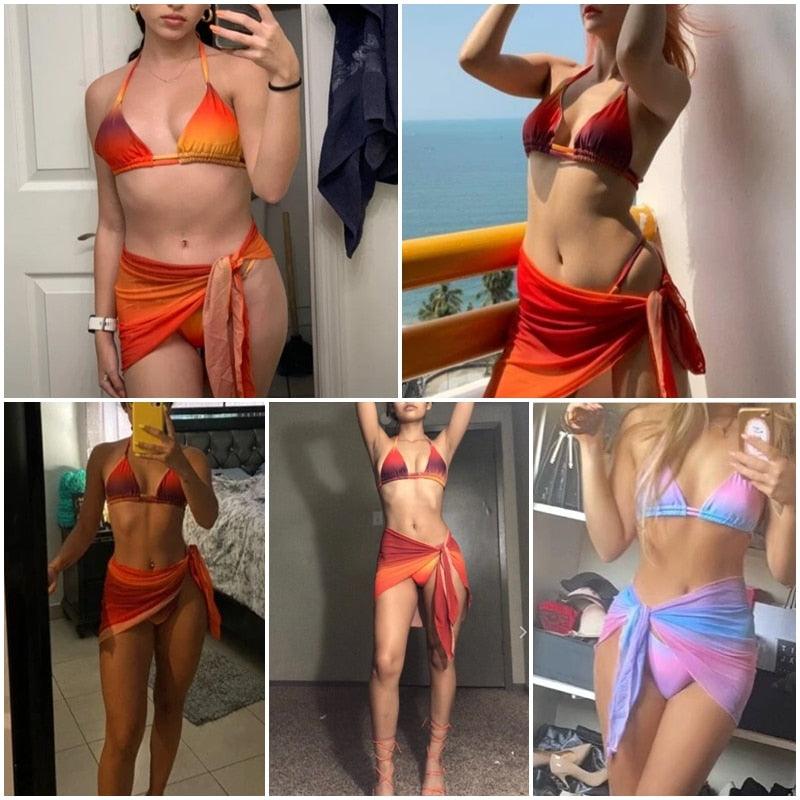 Print Swimsuit 3 Piece Mesh Bikini Set Women's Ribbed Floral Bikini Set Tie Side Swimsuit Cover Ups Daisy Butterfly Print Three Piece Bikini Swimwear Triangle Micro Bikini String Halter Swimwear Women Low Waist Bathing Suit