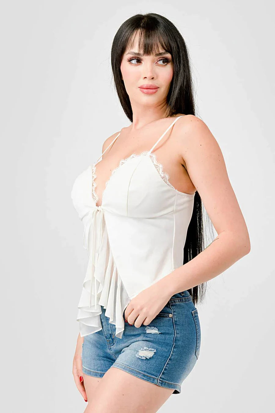 LACE TRIM SWEETHEART DRAWSTRING BOW TIE RUFFLED DRAPED CAMI TOP