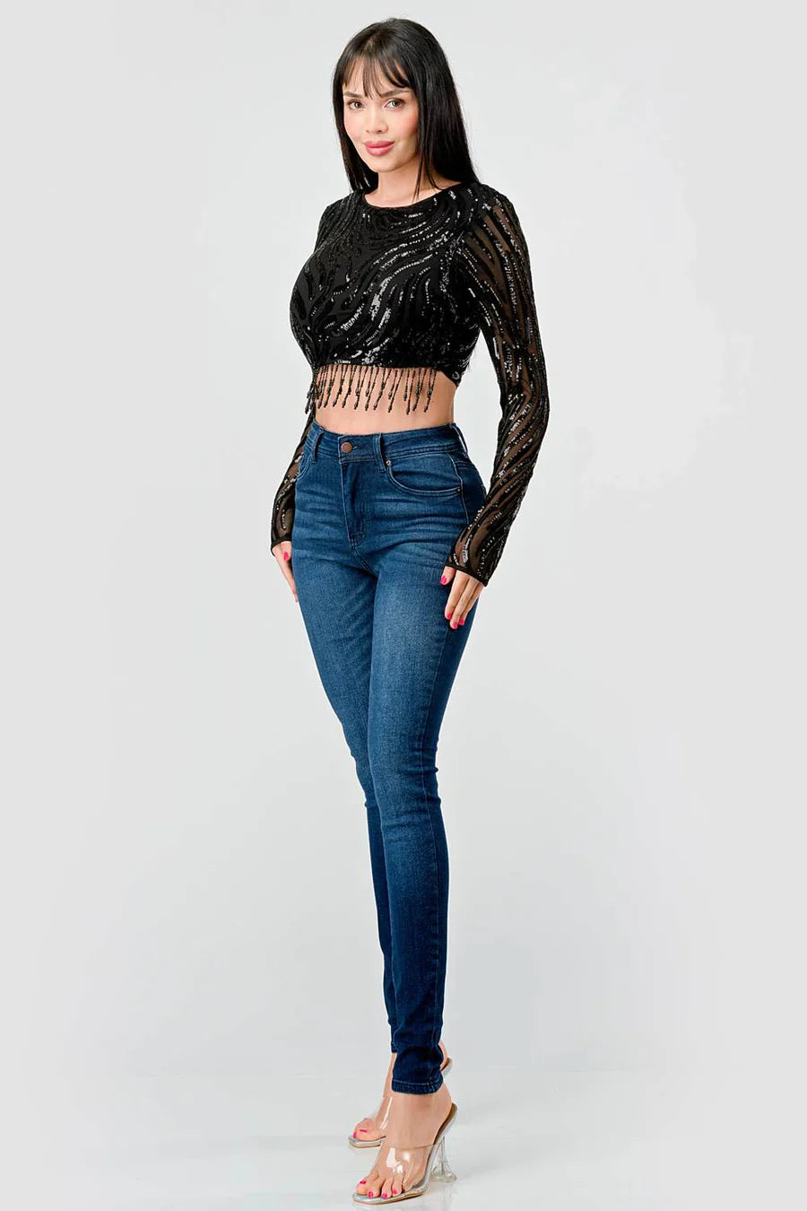 LUXE WAVE SEQUINS LONG SLEEVES STONE FRINGE DETAIL CROPPED TOP