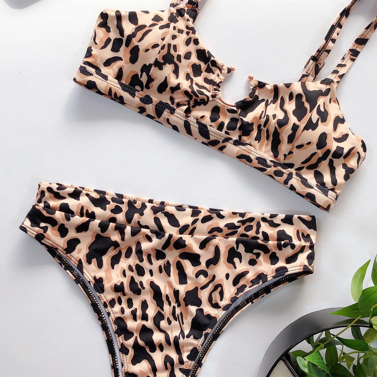 Leopard Bikinis Bikini Swimming Women's Bathing Suits Push Up Swimsuit Women's Padded Underwire Bikini Wire Push Up Bathing Suit Leopard Printed High Cut Vintage Swimsuit