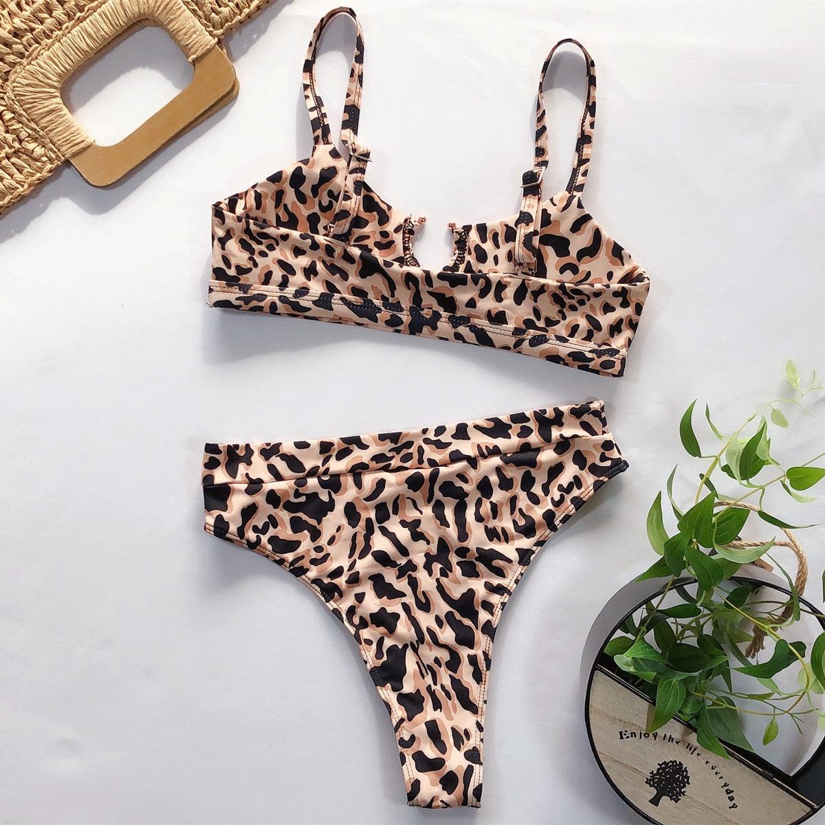 Leopard Bikinis Bikini Swimming Women's Bathing Suits Push Up Swimsuit Women's Padded Underwire Bikini Wire Push Up Bathing Suit Leopard Printed High Cut Vintage Swimsuit