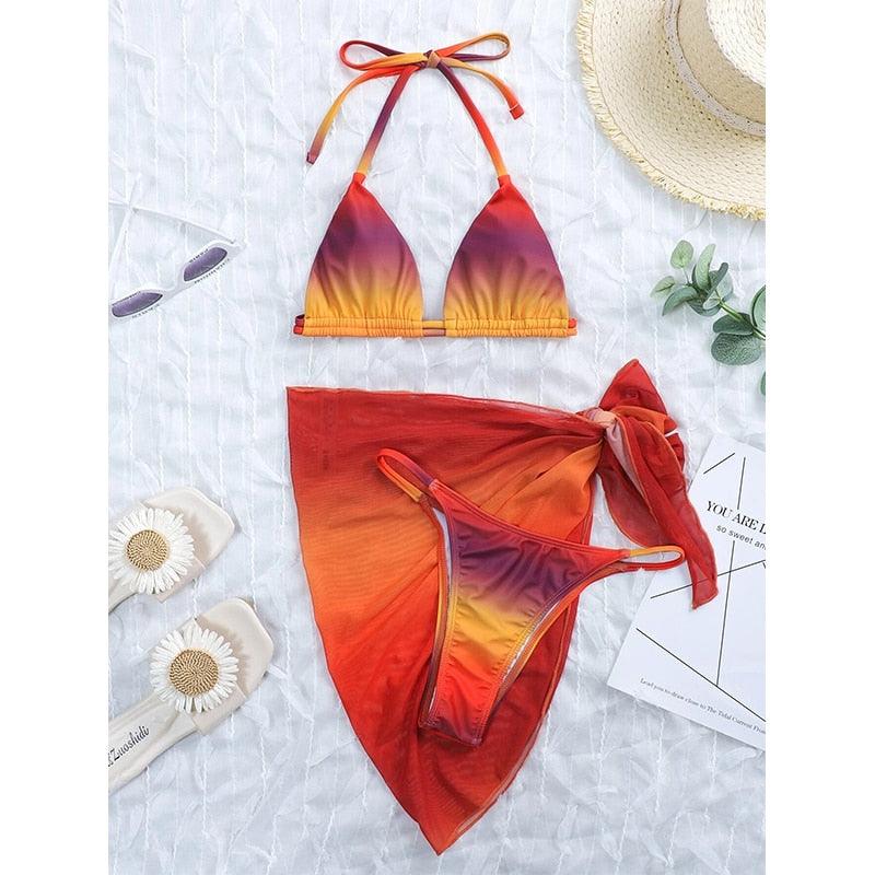 Print Swimsuit 3 Piece Mesh Bikini Set Women's Ribbed Floral Bikini Set Tie Side Swimsuit Cover Ups Daisy Butterfly Print Three Piece Bikini Swimwear Triangle Micro Bikini String Halter Swimwear Women Low Waist Bathing Suit