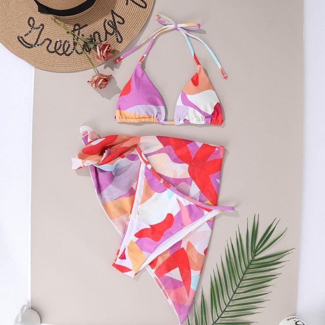 Print Swimsuit 3 Piece Mesh Bikini Set Women's Ribbed Floral Bikini Set Tie Side Swimsuit Cover Ups Daisy Butterfly Print Three Piece Bikini Swimwear Triangle Micro Bikini String Halter Swimwear Women Low Waist Bathing Suit