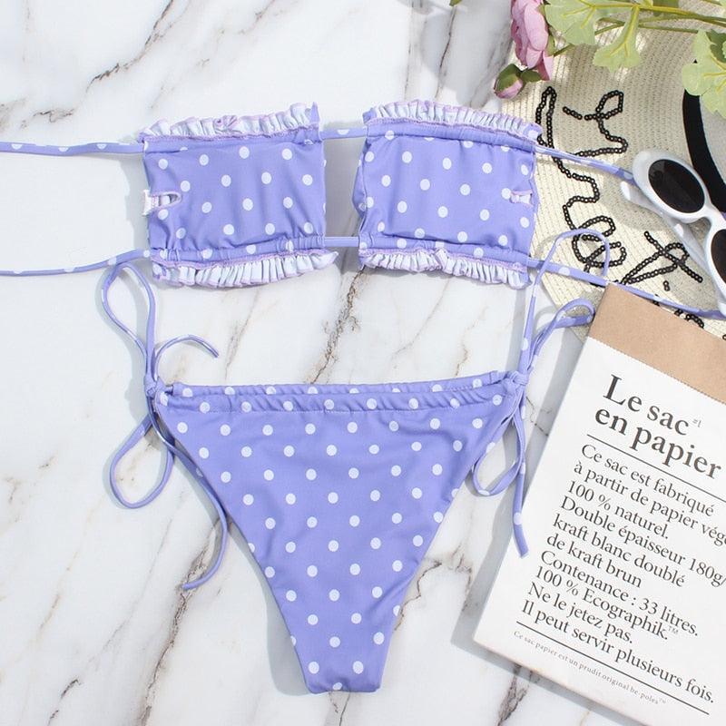 Bikini Women Swimsuit Female Low Waist Swimwear Women Beach Mini Thong Bikini Set Bathing Suit Women Thong Swimsuits Strapless 2 Piece Bikini String Tie Ruffle Brazilian Bathing Suit