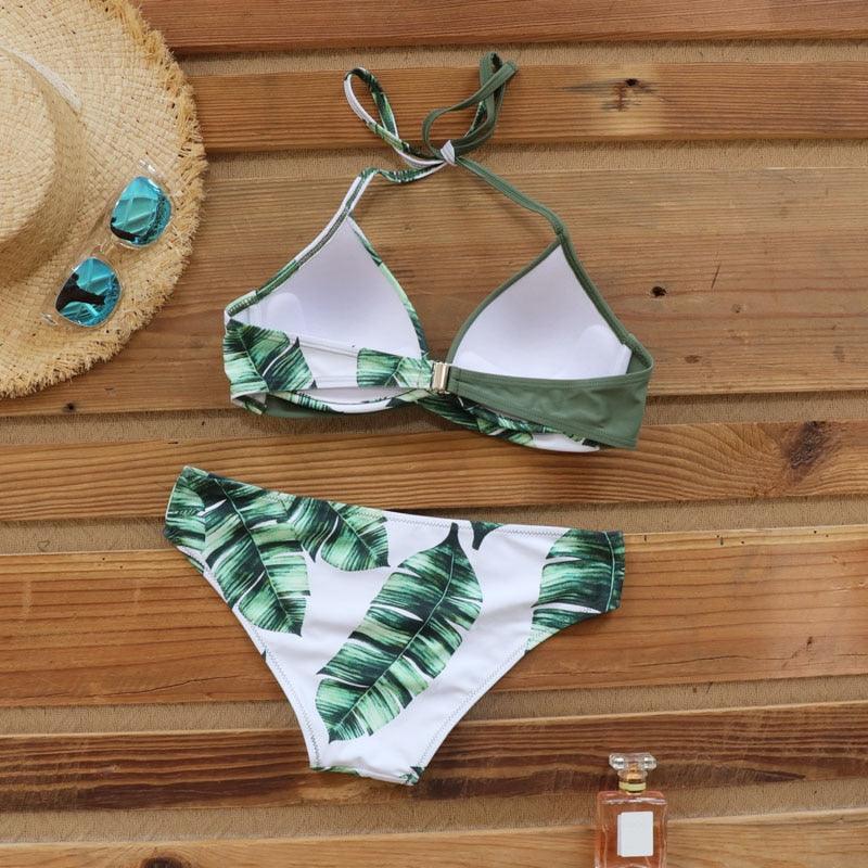 Push Up Women Bikinis Swimwear Women's Bathing Suits Push Up Halter Bandage Bikini Floral Printing Swim Bottoms Two Piece Swimsuits Women Swimsuits Bathing Suit Halter Leaf Print Beach Wear Plus Size