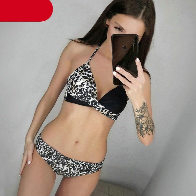Push Up Women Bikinis Swimwear Women's Bathing Suits Push Up Halter Bandage Bikini Floral Printing Swim Bottoms Two Piece Swimsuits Women Swimsuits Bathing Suit Halter Leaf Print Beach Wear Plus Size