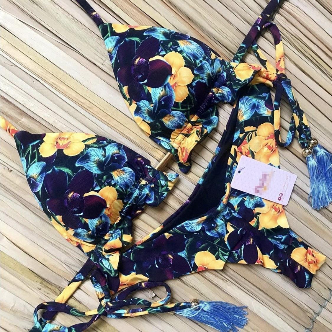 Popular Women's Beachwear Bikini Set Swimwear Push-Up Padded Swimsuit Floral Bikini Set Low Rise Ruffled Two Pieces Swimsuit Push Up Bathing Suit Swimwear