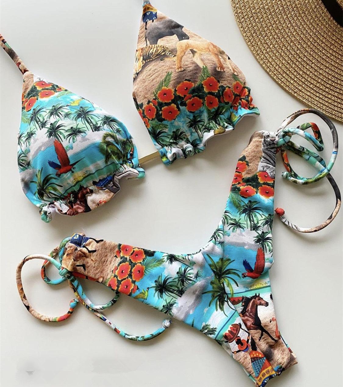 Popular Women's Beachwear Bikini Set Swimwear Push-Up Padded Swimsuit Floral Bikini Set Low Rise Ruffled Two Pieces Swimsuit Push Up Bathing Suit Swimwear