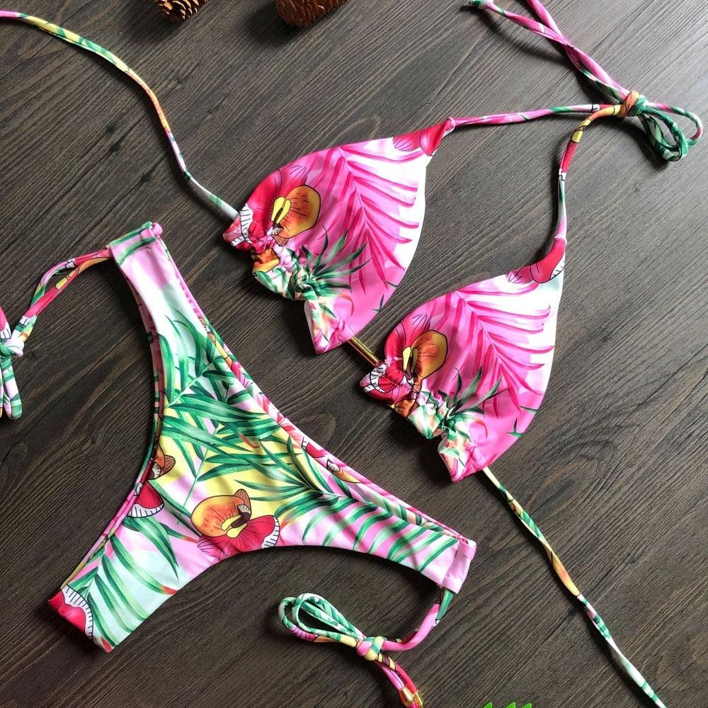 Popular Women's Beachwear Bikini Set Swimwear Push-Up Padded Swimsuit Floral Bikini Set Low Rise Ruffled Two Pieces Swimsuit Push Up Bathing Suit Swimwear