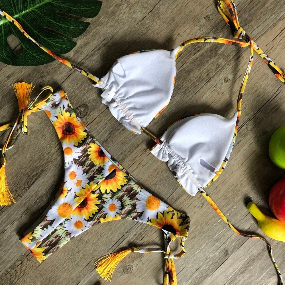 Popular Women's Beachwear Bikini Set Swimwear Push-Up Padded Swimsuit Floral Bikini Set Low Rise Ruffled Two Pieces Swimsuit Push Up Bathing Suit Swimwear