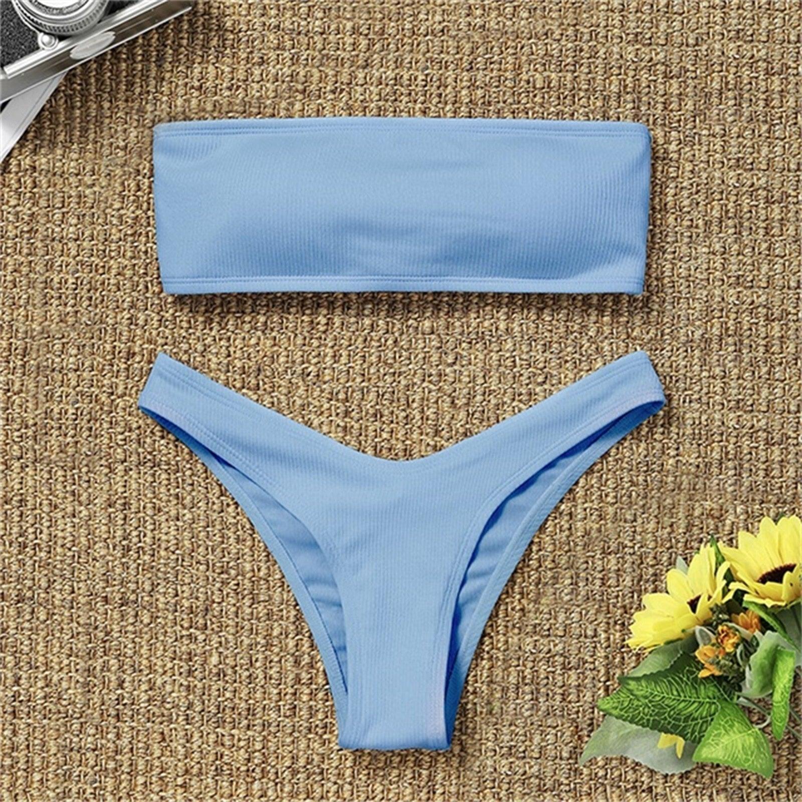 Solid Bikini Swimsuit Women Bikini Set Women Strapless Ribbed Bikini Set Lace Up High Cut Two Piece Swimsuit Bathing Suit Two Piece Tube Top Swimwear Female Bather Swimming Suit