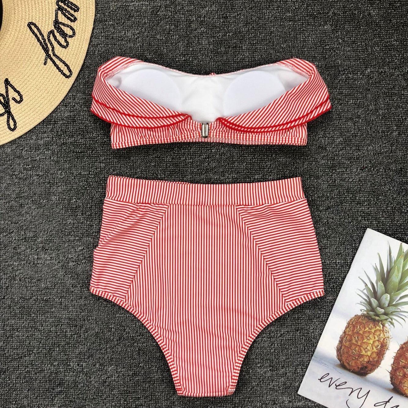 Retro Blue White Striped High Waist Bikini Lady Swimwear Women Swimsuit Female Ruffle Swim Bathing Suit Piece Vintage High Waist Bikini Set Ruffled Swimsuits For Women Bathing Suits