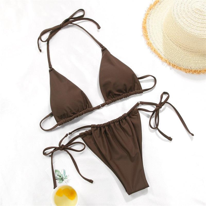 Bikini Swimsuit Solid Color Bikini Set Swimwear Bathing Suit Women Bikinis String Beach Women Two Piece Bikini Swimsuit Bathing Suits Halter Triangle Tops String Bikini Sets