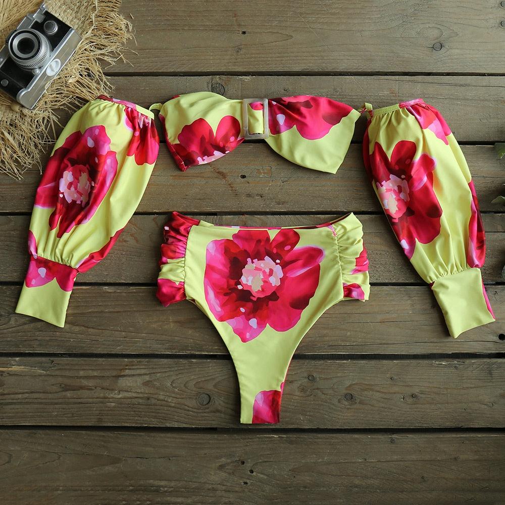 Trendy High Waist Bikini New Long Sleeve Swimsuit Women's Long Sleeve High Waist Off-Shoulder Swimwear Women Bubble Sleeve Bikinis Mesh Charming Beach Wear