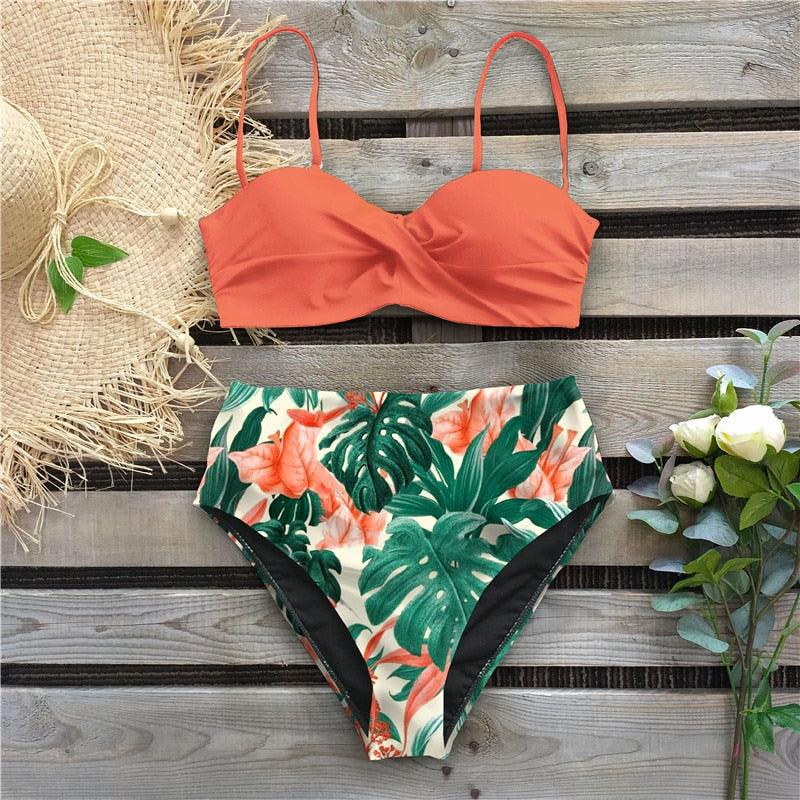 High Waist Bikini Set Women Bikini Flower Swimwear Women High Waist Bikini Halter Two Piece Bathing Suits Tummy Control Swimsuit Push Up Swimwear Vintage Halter Neck Swimsuit Female Green Bathing Suit