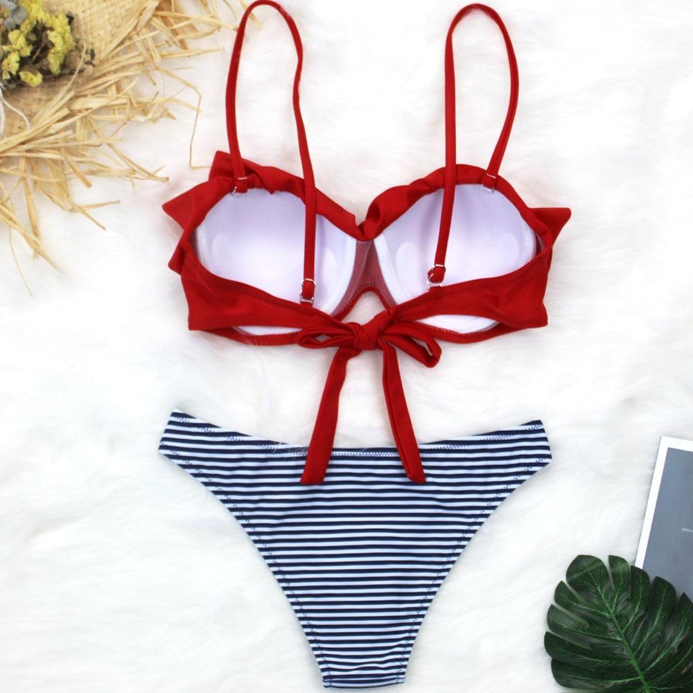 Female Two Piece Swimsuit Low Waist Bikini Floral Printing Swimwear Push Up Bathing Suit Detachable Padded Push Up Striped Bikini Set Two Piece Swimsuit Ladies Vintage Lace Bikini Sets Beach Swimwear