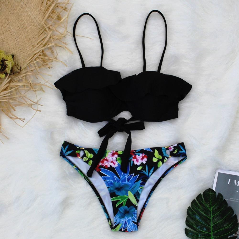 Female Two Piece Swimsuit Low Waist Bikini Floral Printing Swimwear Push Up Bathing Suit Detachable Padded Push Up Striped Bikini Set Two Piece Swimsuit Ladies Vintage Lace Bikini Sets Beach Swimwear
