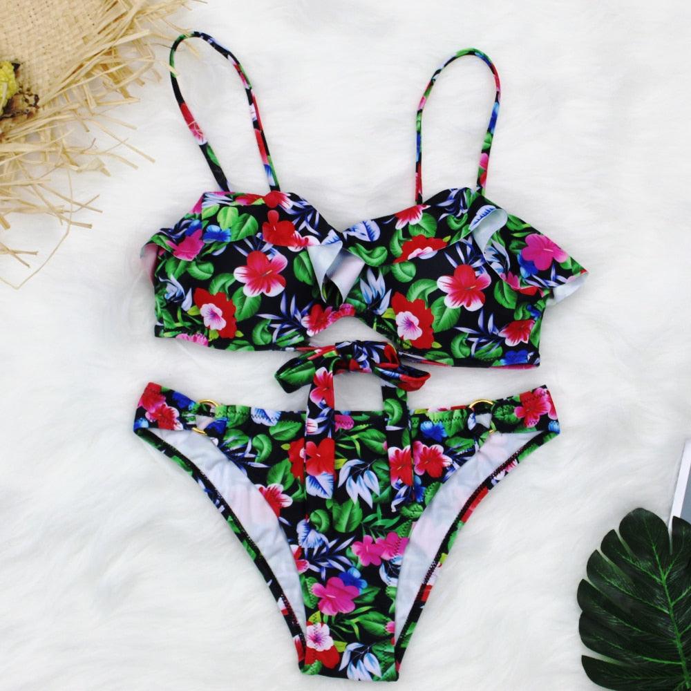 Female Two Piece Swimsuit Low Waist Bikini Floral Printing Swimwear Push Up Bathing Suit Detachable Padded Push Up Striped Bikini Set Two Piece Swimsuit Ladies Vintage Lace Bikini Sets Beach Swimwear