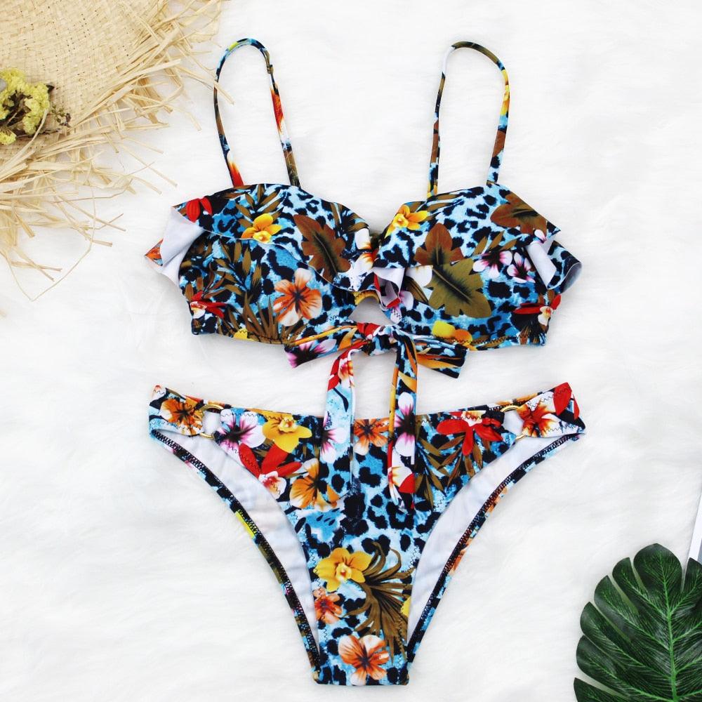 Female Two Piece Swimsuit Low Waist Bikini Floral Printing Swimwear Push Up Bathing Suit Detachable Padded Push Up Striped Bikini Set Two Piece Swimsuit Ladies Vintage Lace Bikini Sets Beach Swimwear