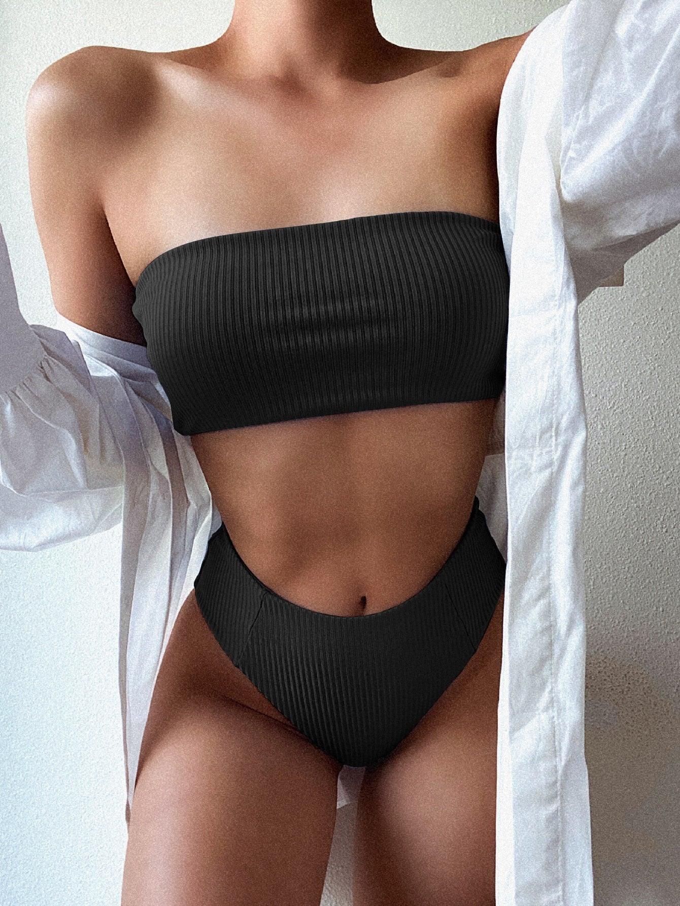 Bikinis Swimsuit Women Push Up Bikini Set Female Swimwear Women's Strapless Solid Color 2 Pieces Bathing Suit Swimsuit Swimsuits Off Shoulder High Waist Bathing Suit High Cut Swimwear For Summer