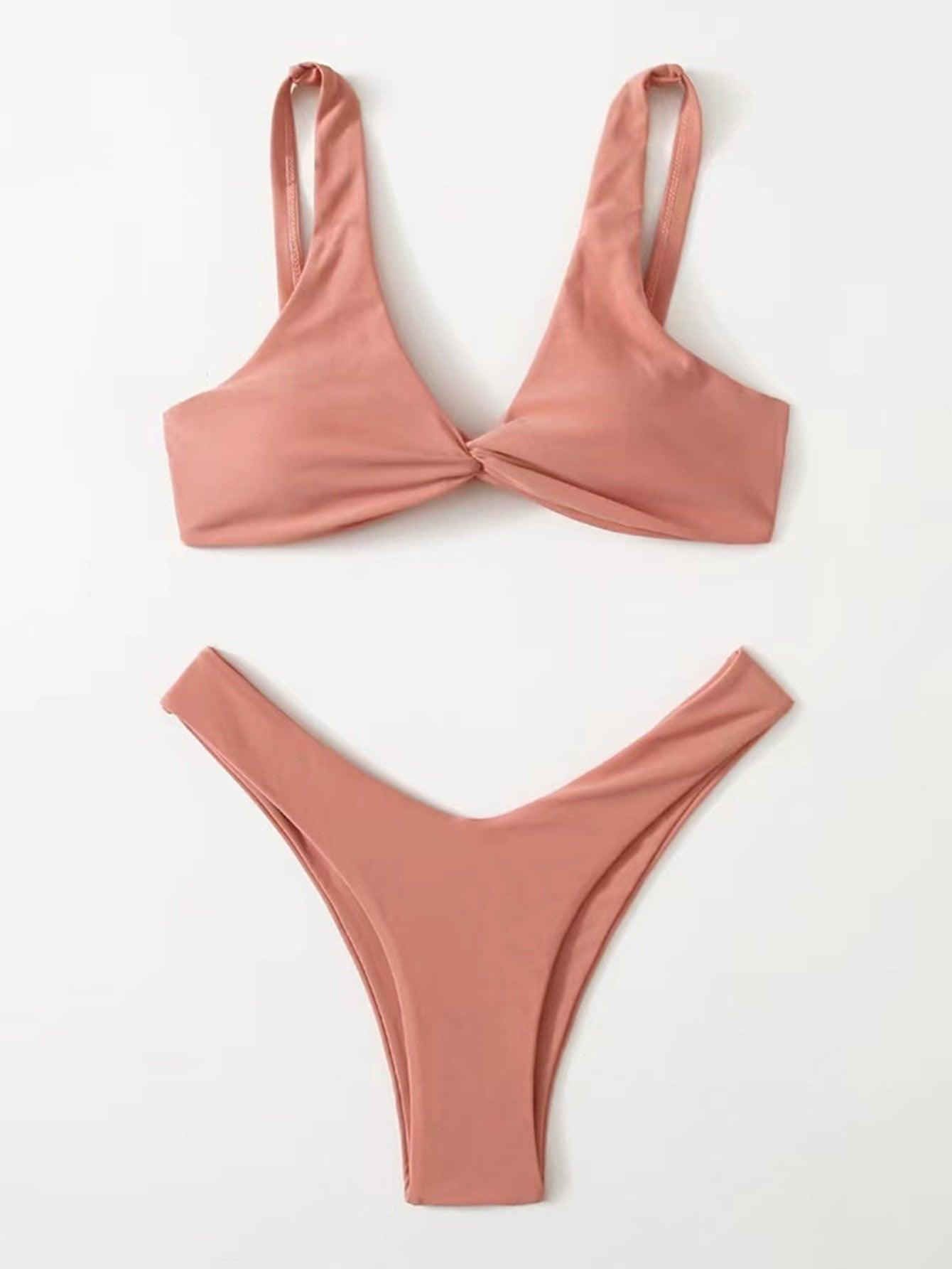 Solid Tie Bikini Padded Bra High Leg Bandage Push Up Bikini Set Brazilian Swimsuit Women Swimwear Rib Bikini Set High Cut Spaghetti Strap Two Piece Swimsuit Bathing Suit