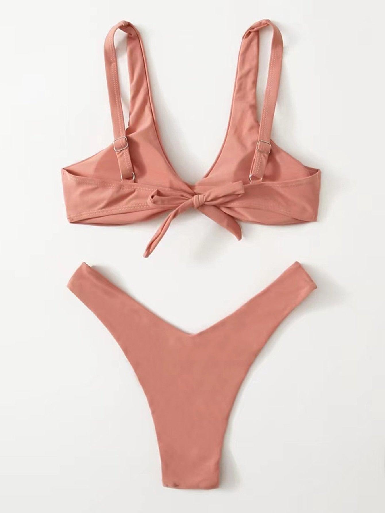 Solid Tie Bikini Padded Bra High Leg Bandage Push Up Bikini Set Brazilian Swimsuit Women Swimwear Rib Bikini Set High Cut Spaghetti Strap Two Piece Swimsuit Bathing Suit