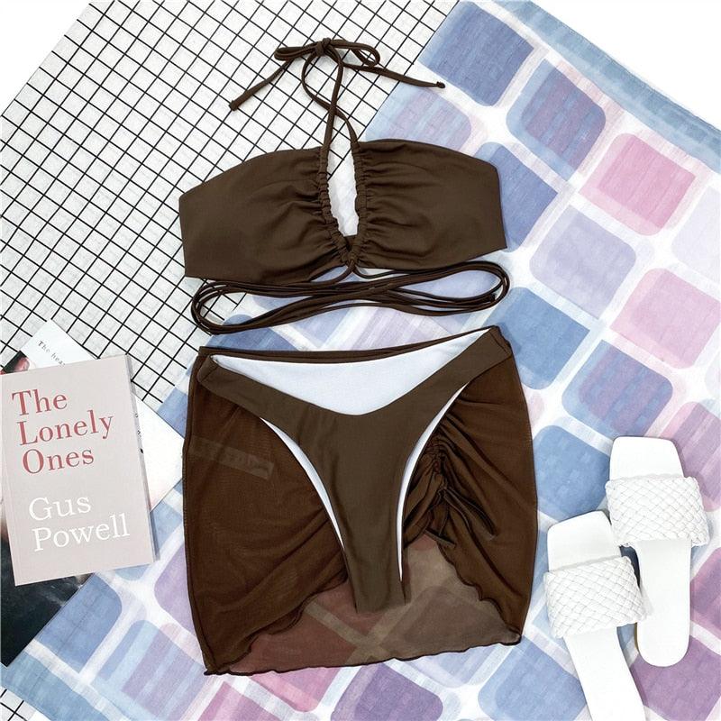 Halter Hollow Cross Bikinis Set Swimsuit Women's New Solid Two-Piece Swimwear Two Piece Swimsuit Halter Crisscross Cut Out Bikini Wrap Top with High Waist Bottom Beach Swimwear Summer Beachwear Woman Bath Bathing Suit