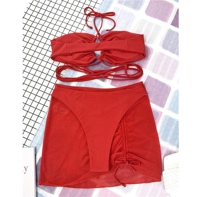 Halter Hollow Cross Bikinis Set Swimsuit Women's New Solid Two-Piece Swimwear Two Piece Swimsuit Halter Crisscross Cut Out Bikini Wrap Top with High Waist Bottom Beach Swimwear Summer Beachwear Woman Bath Bathing Suit