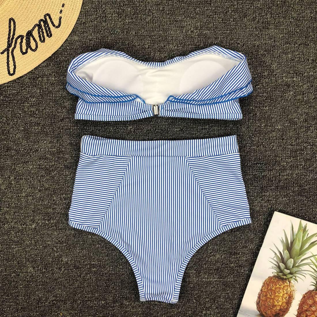 Retro Blue White Striped High Waist Bikini Lady Swimwear Women Swimsuit Female Ruffle Swim Bathing Suit Piece Vintage High Waist Bikini Set Ruffled Swimsuits For Women Bathing Suits