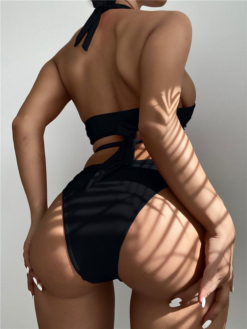 Halter Hollow Cross Bikinis Set Swimsuit Women's New Solid Two-Piece Swimwear Two Piece Swimsuit Halter Crisscross Cut Out Bikini Wrap Top with High Waist Bottom Beach Swimwear Summer Beachwear Woman Bath Bathing Suit
