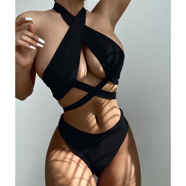 Halter Hollow Cross Bikinis Set Swimsuit Women's New Solid Two-Piece Swimwear Two Piece Swimsuit Halter Crisscross Cut Out Bikini Wrap Top with High Waist Bottom Beach Swimwear Summer Beachwear Woman Bath Bathing Suit