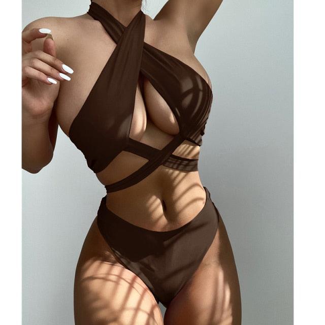 Halter Hollow Cross Bikinis Set Swimsuit Women's New Solid Two-Piece Swimwear Two Piece Swimsuit Halter Crisscross Cut Out Bikini Wrap Top with High Waist Bottom Beach Swimwear Summer Beachwear Woman Bath Bathing Suit