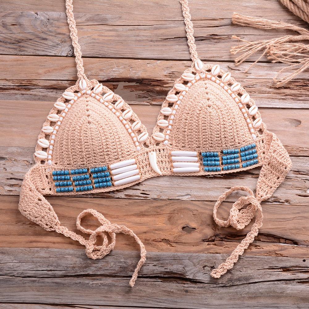 Vintage Blue Bikinis 2 Piece Halter Bikini Set Women High Waist Sequin Swimsuit Set Handmade Crochet High Quality Swimsuit Women Push Up Swimwear Knitted Beach Wear Bathing Suit