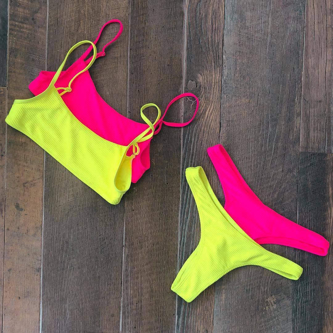 Neon Yellow Green Swimsuit Women Push Up Padded Micro Bikini Summer Beach Bathing Suit Beach Swimwear Women's Scoop Neck Cut Out Front Lace Up Back High Cut One Piece Swimsuit