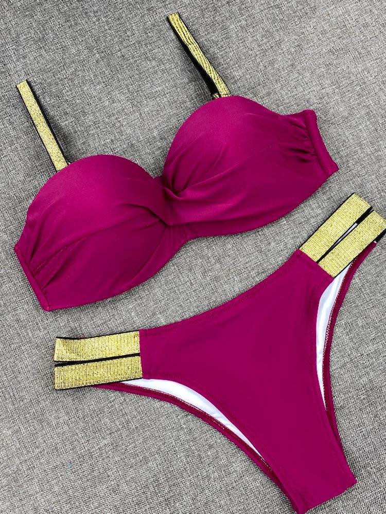 Bikini Sets Solid Color Swimsuit Mid-Waist Gather Cup Bikinis Women Swimwear Female Bathing Suits Beach wear Two Piece Swimsuits Triangle Bikini swimsuits for Women