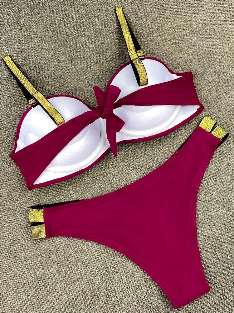 Bikini Sets Solid Color Swimsuit Mid-Waist Gather Cup Bikinis Women Swimwear Female Bathing Suits Beach wear Two Piece Swimsuits Triangle Bikini swimsuits for Women