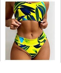 Push Up Women Bikinis Swimwear Women's Bathing Suits Push Up Halter Bandage Bikini Floral Printing Swim Bottoms Two Piece Swimsuits Women Swimsuits Bathing Suit Halter Leaf Print Beach Wear Plus Size