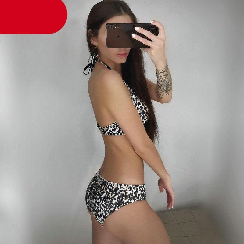 Push Up Women Bikinis Swimwear Women's Bathing Suits Push Up Halter Bandage Bikini Floral Printing Swim Bottoms Two Piece Swimsuits Women Swimsuits Bathing Suit Halter Leaf Print Beach Wear Plus Size